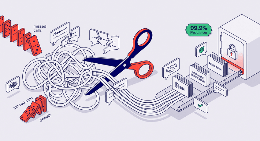 A clean vector illustration in a subtle isometric perspective showing a pair of scissors with orange-red handles cutting through a chaotic tangle of white cords. Straight, parallel navy blue lines emerge from the cut, leading to a neat stack of dollar bills on the right, representing streamlining a process to achieve value.