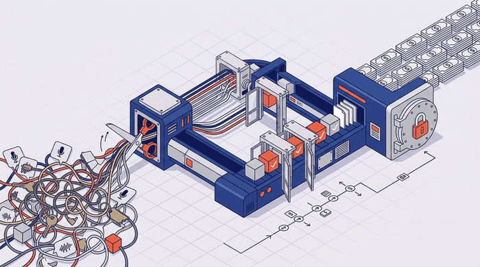 A flat vector isometric illustration showing a chaotic pile of speech bubbles with microphone and soundwave icons being funneled into a central white processing machine with a prominent red padlock icon. The machine then outputs neat, organized, stacked speech bubbles onto a conveyor belt, illustrating an automated, secure audio processing workflow. A soft bottom-right shadow is present.
