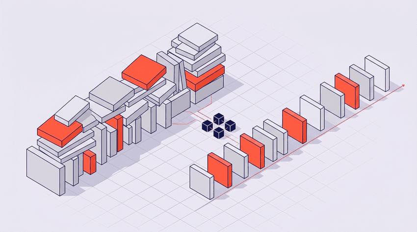 Isometric flat vector illustration on a dark navy background, depicting a process transformation metaphor.