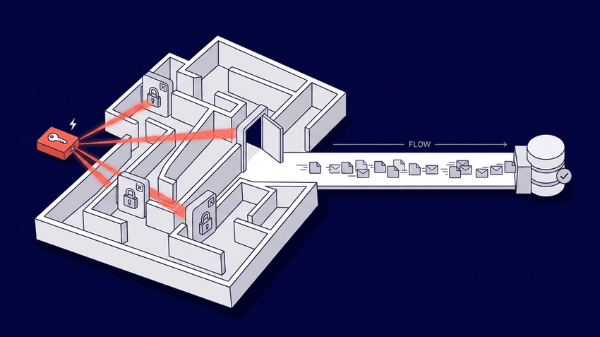 An isometric flat vector illustration features a chaotic falling stack of documents on a light conveyor against a navy background. They pass through a navy processing gateway and emerge as a neat, orderly stream of structured blocks on a darker belt.