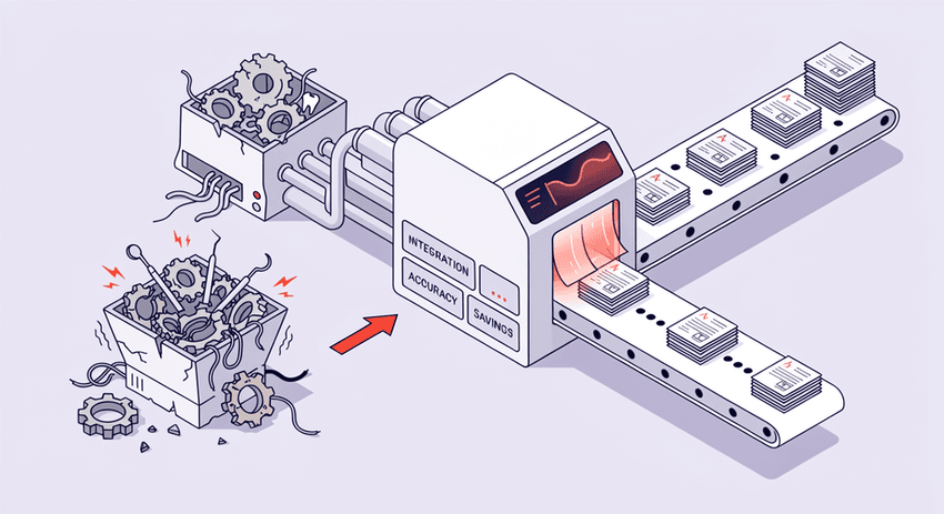 An isometric illustration showing a chaotic pile of broken and jumbled data and message icons being organized and secured as they pass through a locked gateway box, emerging in tidy rows of clean, verified chat icons on a conveyor belt.