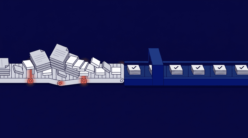 An isometric workflow metaphor, depicting an inefficient conveyor belt piling up messy papers, which then transitions into an automated, neat stream of standardized tasks.