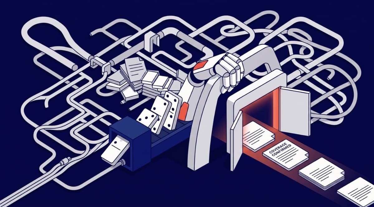 Robotic arm turning tangled paperwork into insurance eligibility results marked "Coverage Confirmed" on a conveyor belt
