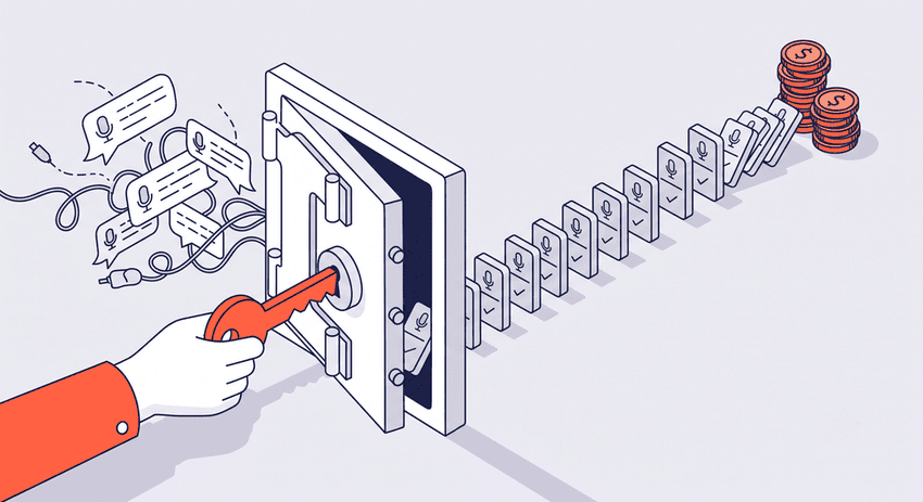 Isometric vector illustration. A human hand with an orange cuff uses a large orange key to unlock a secure white vault door, representing verified access and security.
