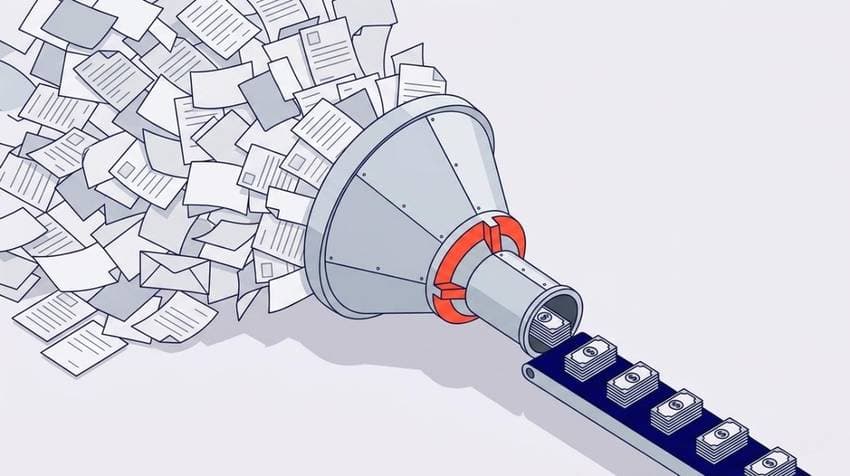 Isometric illustration of revenue cycle management AI processing chaotic billing workflows into organized verified claims