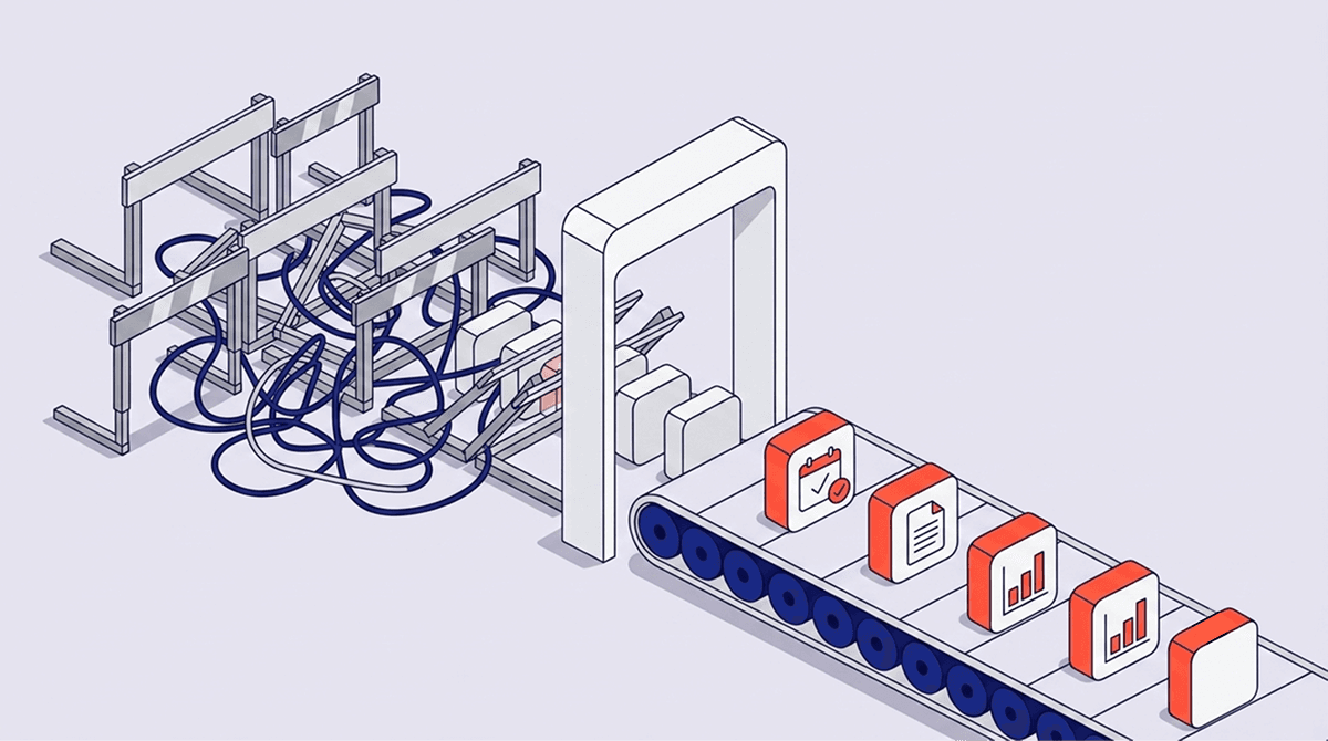 Isometric illustration of tangled blue lines feeding into a machine that outputs neatly sorted documents and charts on a conveyor belt