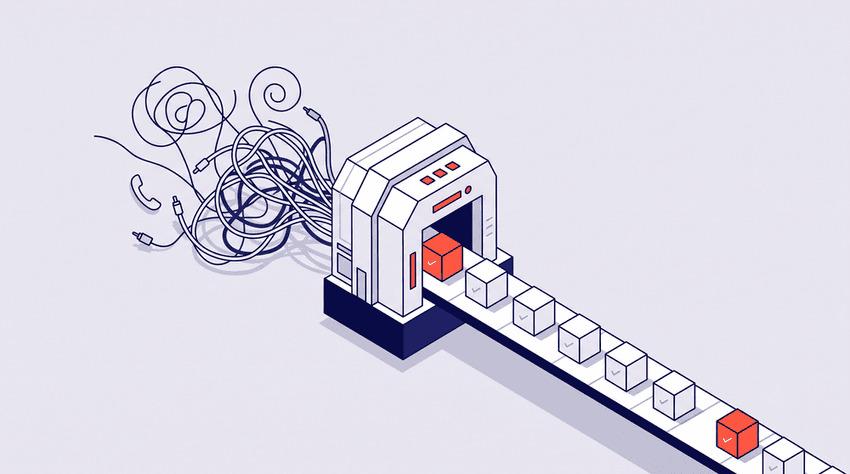 Flat vector isometric illustration of an AI medical receptionist streamlining phone intake into organized data blocks