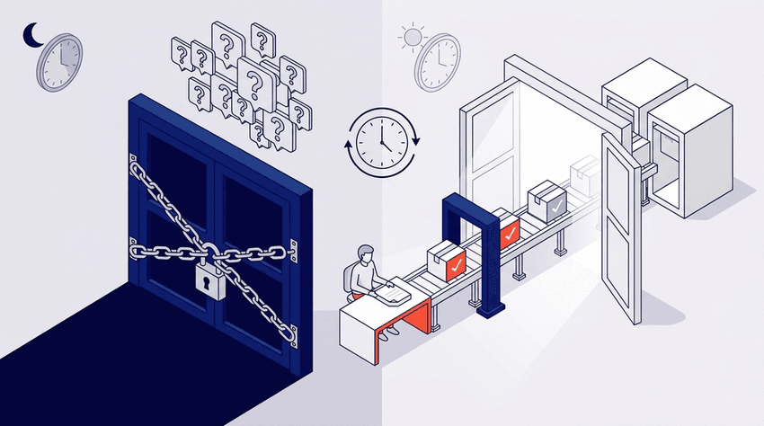An isometric illustration of a processing machine taking chaotic data inputs (microphone icons, charts) and outputting organized microphone icons onto a conveyor belt. The central machine features a red-orange microphone padlock.