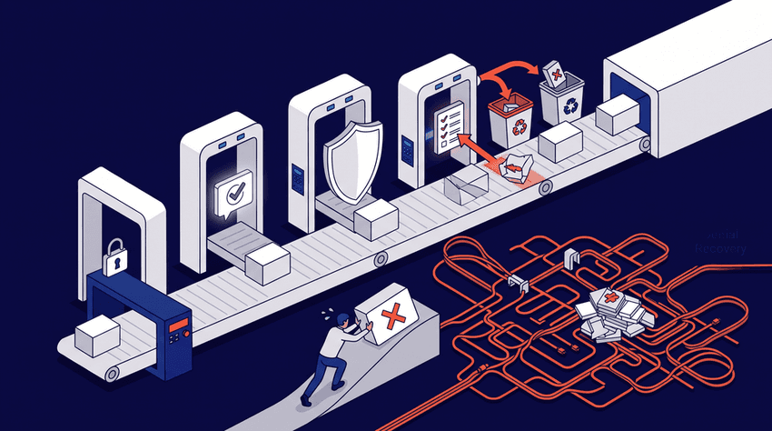An isometric vector illustration showing four sequential verification gates on a production line (Real-Time Eligibility, Benefit Verification, Prior Authorization, Documentation Compliance) actively blocking and diverting faulty financial claims into a 'denial queue' while allowing clean claims to pass through to submission.