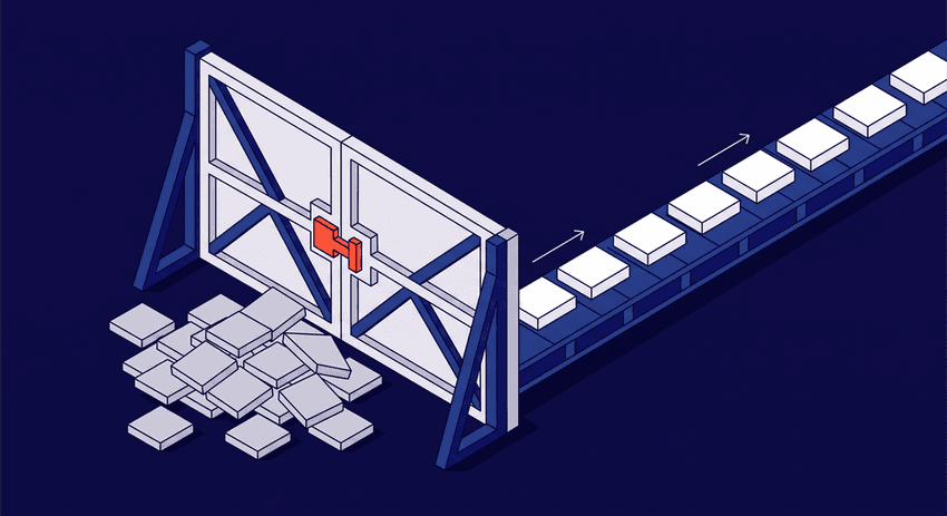 An isometric vector illustration showing a chaotic, multi-colored knot of cords and cables being fed from the left into a precise sorting machine.