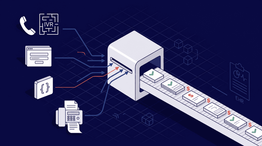 An isometric, flat vector illustration showing fragmented data being converted into standardized records, using the specified branding colors (dark navy background, light primary objects, orange accents.