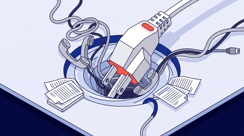 An isometric vector illustration on a light background showing a secure data processing machine with an orange lock. A messy pile of broken microphone and voice wave icons on speech bubbles enters the machine from the left. Neatly organized speech bubbles with functional microphone icons exit in single-file on a conveyor belt to the right, illustrating unstructured to structured data conversion.