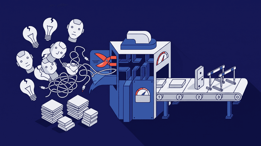 Flat vector isometric illustration showing a 'MEANING EXTRACTOR' machine transforming chaotic business clichés (cracked lightbulbs, generic AI heads) into neat, structured conceptual objects (cut cords, single standing domino, collapsed hurdle) on a conveyor belt, on a dark blue background.