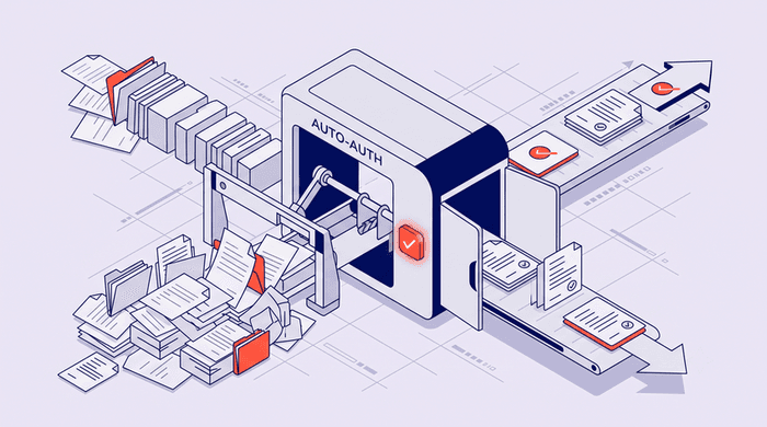 An isometric vector illustration representing automated Aetna prior authorization. On the left, a cluttered backlog of documents and queues representing manual authorization delays is funneled into a digital gate. In the center, an automation gateway (marked with red accents) transforms the chaos into a streamlined, frictionless flow. On the right, approved, check-marked digital documents move swiftly down an open path, symbolizing accelerated approvals and reduced manual bottlenecks using automation.
