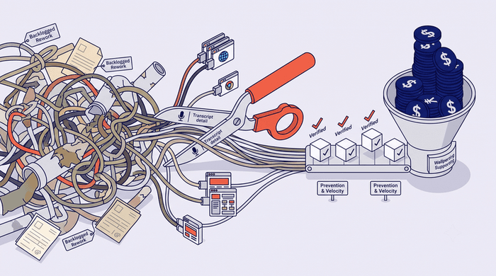 A clean flat vector illustration in a subtle isometric perspective against a light grey background. A chaotic input flow of fragmented speech bubbles containing microphone and audio waveform icons is securely processed through a central gateway cube marked by an orange padlock. This transformation results in an orderly, streamlined assembly line of unified, neat microphone data bubbles moving smoothly down a conveyor belt.