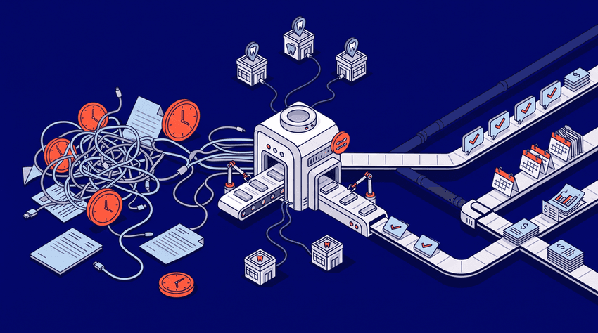 An isometric vector illustration of broken and tangled voice message bubble icons (representing messy backlog/uncaptured voice data) on the left, transitioning through a machine with a secure red padlock into a streamlined, sequential flow of processed voice messaging speech bubbles (the automated output) on a moving conveyor belt to the right.