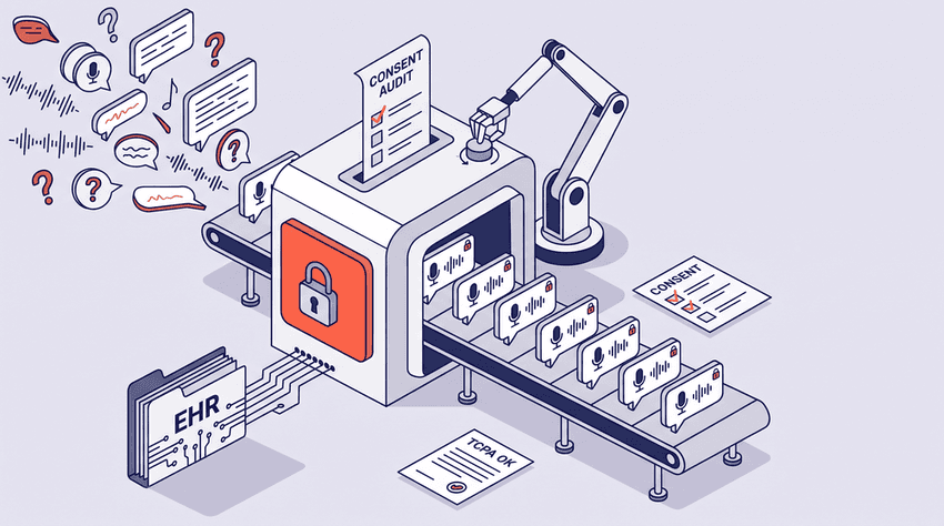 An isometric flat vector illustration showing non-compliant, cluttered patient call signals and warning icons on the left passing through a secure AI compliance gateway with a lock, and emerging on the right as highly organized, verified voice data on a conveyor belt, backed by an EHR and a 'Consent Audit' checklist.