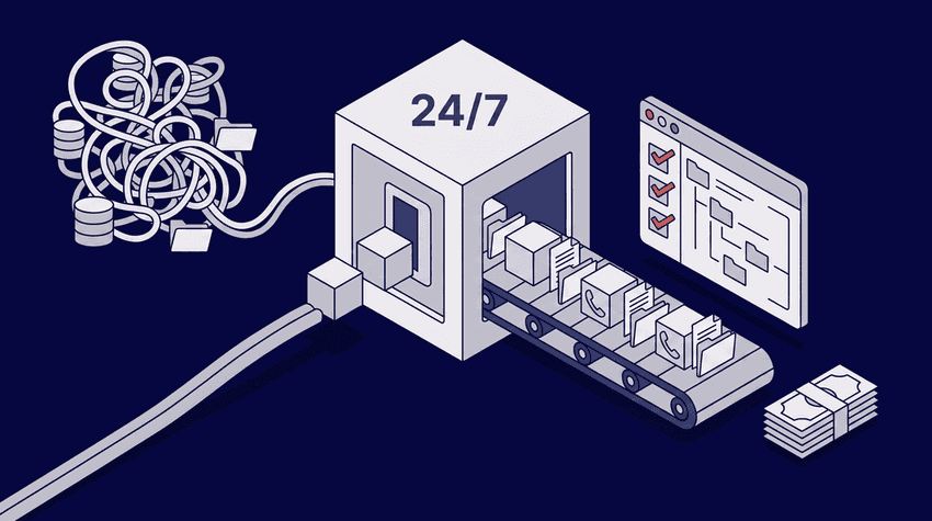 Flat vector illustration of a processing hub symbolizing a 24/7 AI answering service for doctors with sorted file streams