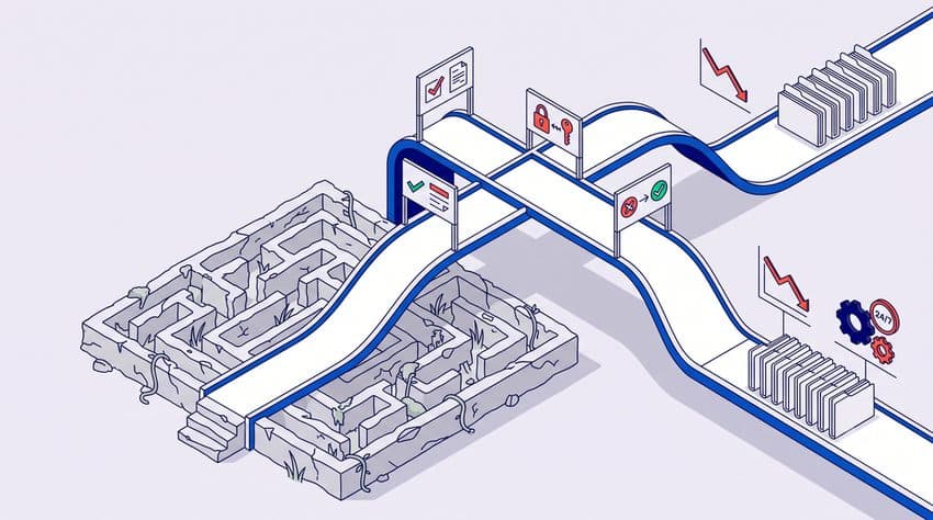 Blue path escaping a crumbling stone maze onto a clear elevated route past approval and denial checkpoints, illustrating automated payer phone calls and claim resolution