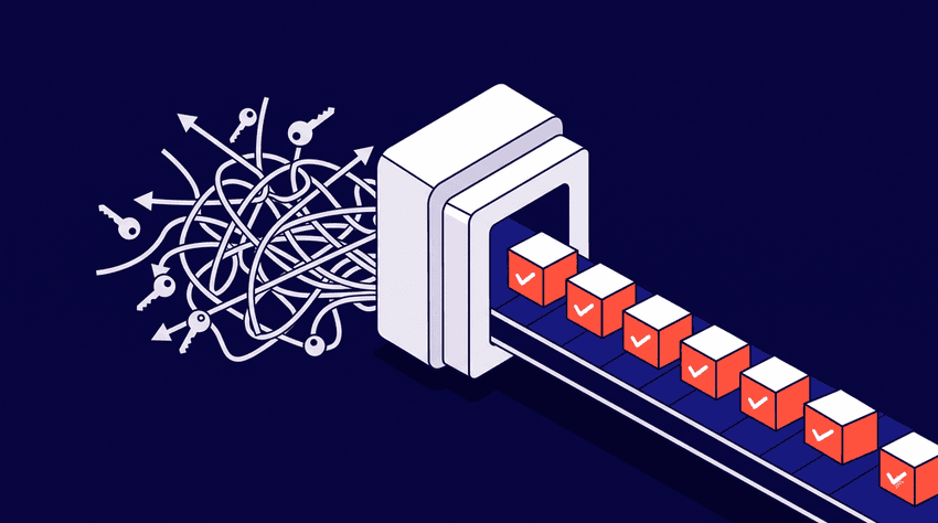 Isometric flat vector illustration depicting automated insurance verification converting tangled data into an orderly stream