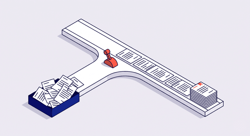 Track switch diverting rejected claim documents away from a dead end pile back onto a clean line to a resolved stack