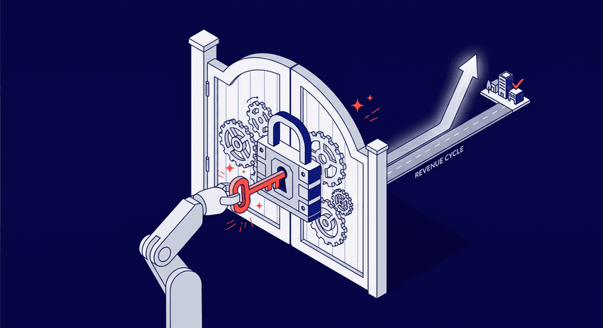 An isometric flat vector illustration visualising messy paper backlogs on a cluttered conveyor belt transforming into streamlined, neatly organized white data squares on a parallel dark blue automated conveyor belt.