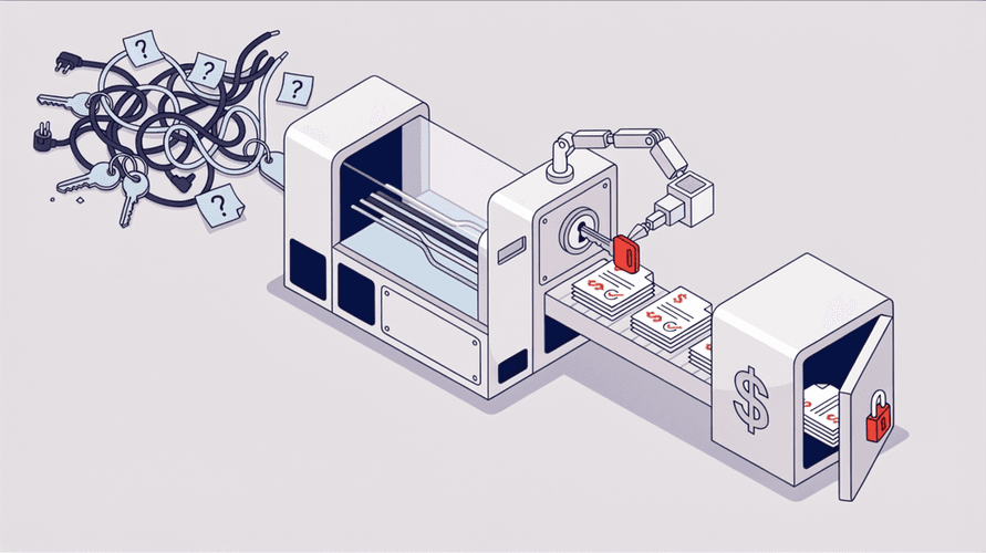 Robotic arm corrects a chaotic domino sequence with a key, aligning them into a flow that leads to a secure vault.
