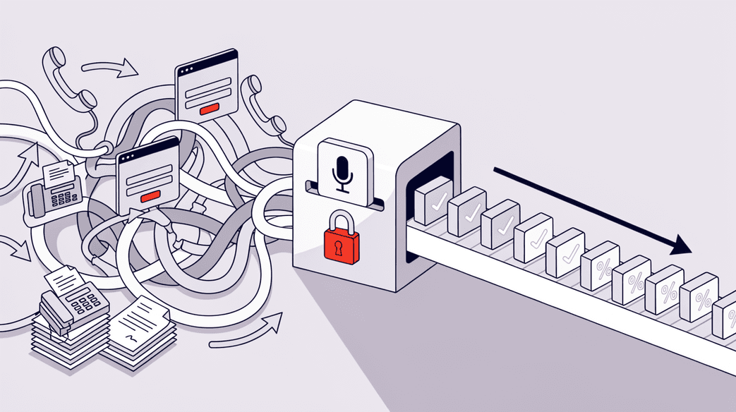 Flat vector illustration of a chaotic, manual backlog on a sagging conveyor belt transforming into a streamlined, automated flow on an efficient belt, using a dark navy, orange, and white color scheme.