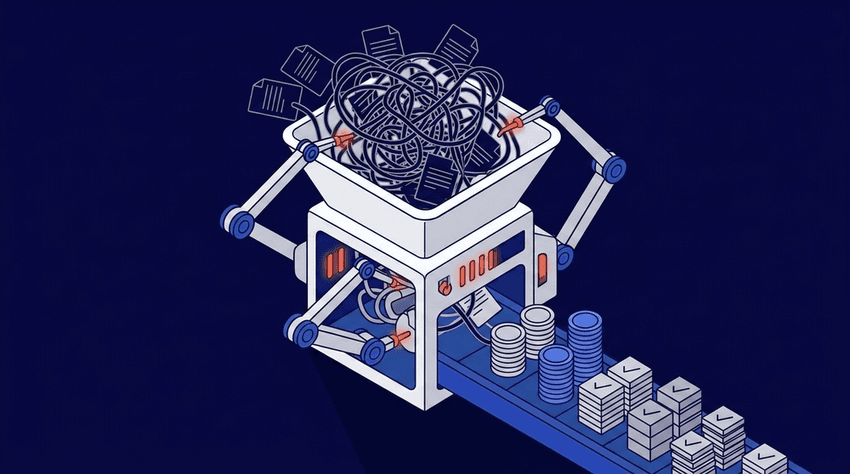 An isometric vector illustration contrasting a chaotic pile of documents on a damaged white conveyor belt bottleneck (left) with a smooth, organized flow of documents on a royal blue conveyor belt (right), set on a dark navy background.