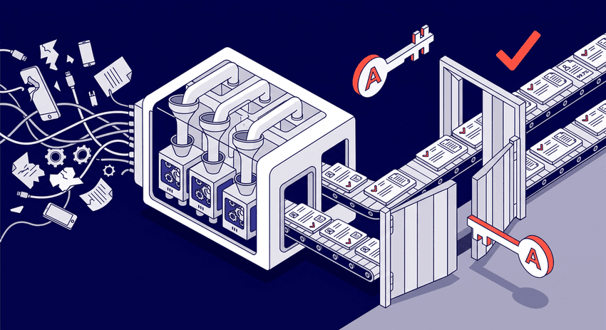 An isometric vector illustration, rendered in a clean flat vector style, visualizes a complex 'Operational Transformation and Optimization Matrix'