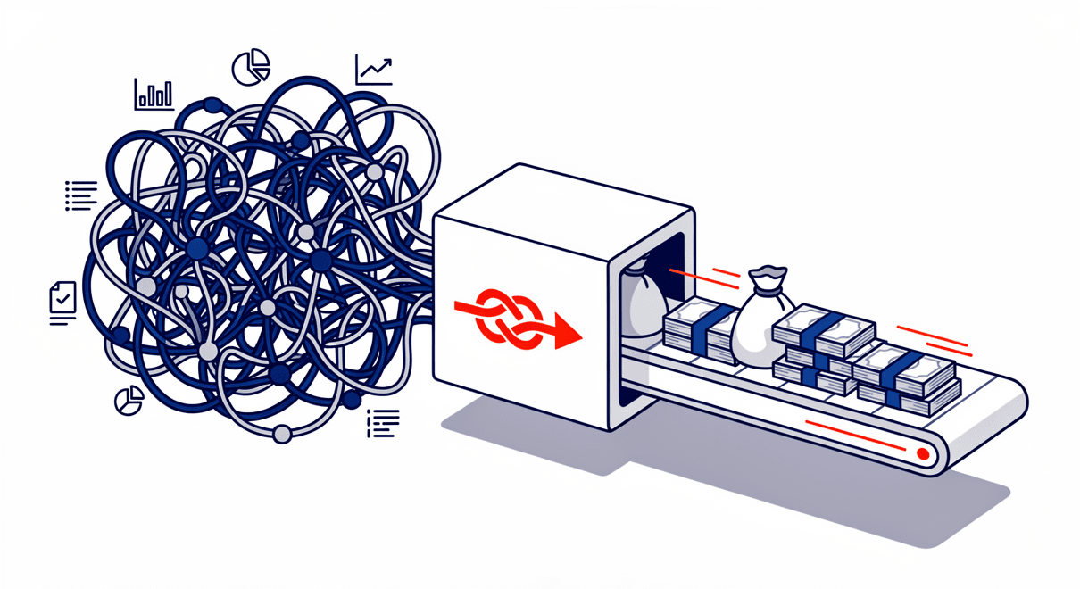 An isometric flat vector illustration on a light background. A tangled, broken jumble of grey and navy microphone speech bubbles on the left transforms into a standardized, efficient conveyor belt.