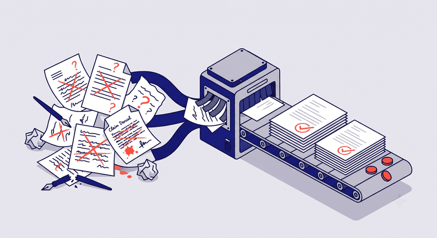 An isometric vector illustration of a sharp pair of scissors with distinct orange-accented handles, actively cutting through a chaotic, multi-colored tangle of white and dark blue cords. Where the tangled cords are cut, they emerge perfectly straightened and run parallel, feeding directly into a neat, compressed stack of folded US dollar bills. This visual metaphor represents the simplification of complex processes to unlock latent value, reduce operational friction, and generate revenue. The style uses clean lines, solid color fills (EFEBF2, 06003F, FF4E3A, 02007F), and a soft bottom-right drop shadow.
