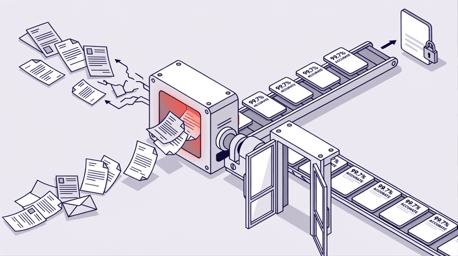 Clean flat vector isometric illustration of a chaotic cluster of cracked voice recording icons being fed into a central, secure processing machine with an orange-red lock. Emerging on a conveyor belt is an organized stream of perfect voice microphone icons, symbolizing disorganized data transforming into a secure, clear flow.