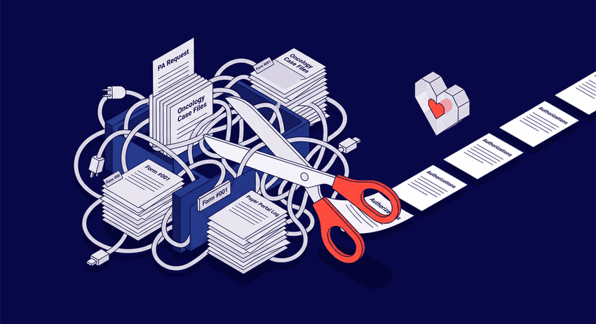 a pair of scissors cleanly cutting a tangled cord, symbolizing oncology prior authorization automation eliminating