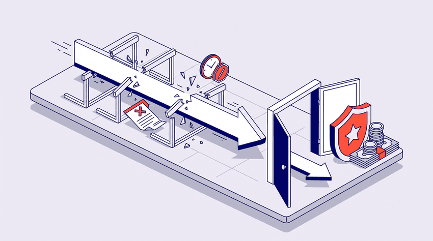 A vector illustration of chaotic audio speech bubbles transformed into an organized conveyor belt flow by a secure processing vault.
