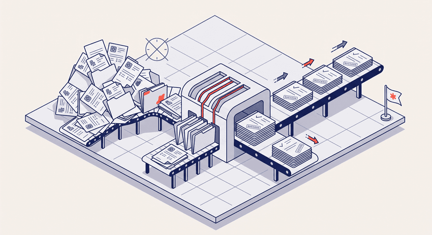 Medical prior authorization automation vector isometric illustration showing chaotic healthcare document backlog transformed into efficient, approved workflow on conveyor belt.