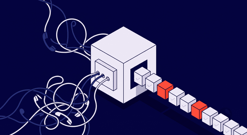 Flat vector isometric illustration of an AI medical receptionist streamlining phone intake into organized data blocks