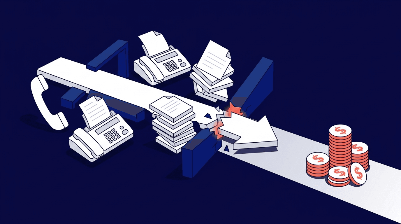 An illustration contrasting a congested, broken conveyor belt on the left with a smooth, efficient process flow on the right.