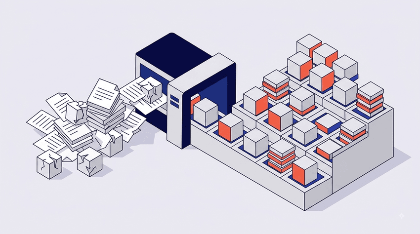 Flat vector isometric illustration representing agentic RCM transforming chaotic billing tasks into organized workflows