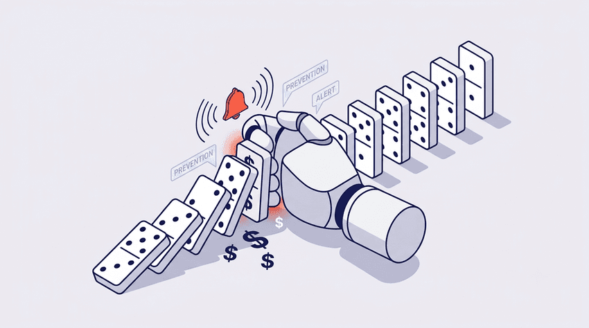 Isometric visualization of a complex key management system. A mechanical arm inserts a secure orange key into a 'SECURE VAULT' machine, which simplifies a tangle of cables into organized 'LOG-FILE' documents.