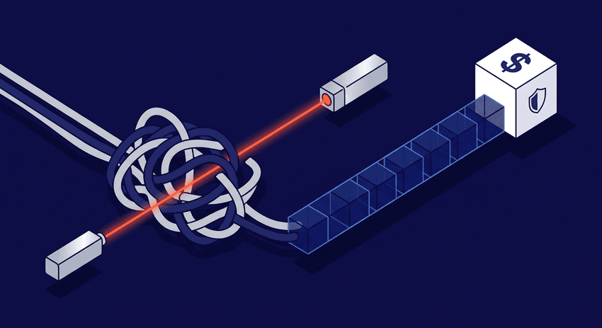 Isometric view comparing a broken, cluttered conveyer belt with tumbling blocks to a smooth, dark blue conveyer belt featuring neatly organized items.