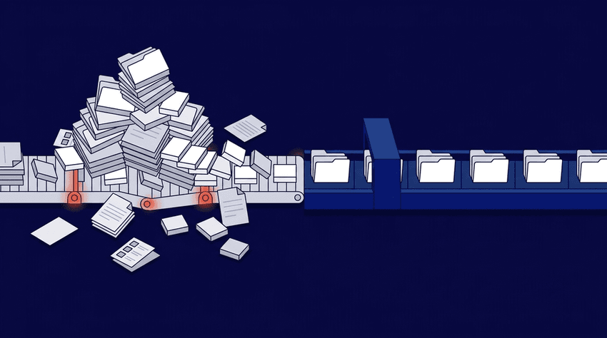 xAn isometric vector illustration depicting a secure audio processing system, with chaotic speech bubbles containing broken microphone icons on the left being sorted and structured by a central secure vault with an orange padlock into a neat, organized line of blocks moving along a conveyor belt to the right.