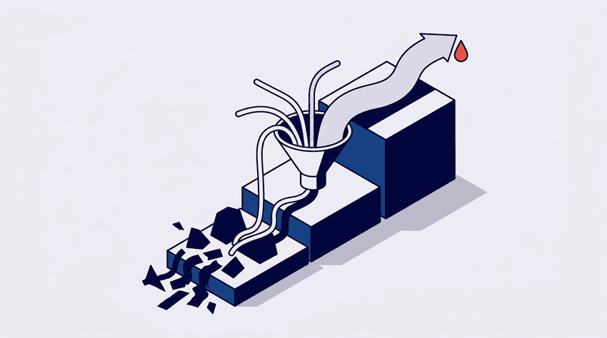 a sleek funnel on a light background shows several narrow streams merging into one unified flow with a red accent drop