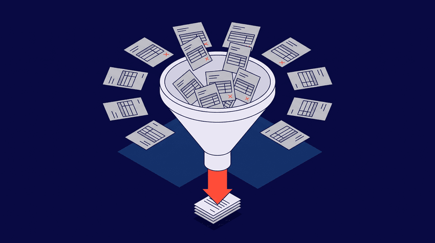 A white funnel in the center gathers scattered claim form icons and releases a single red‑orange stream, illustrating how.