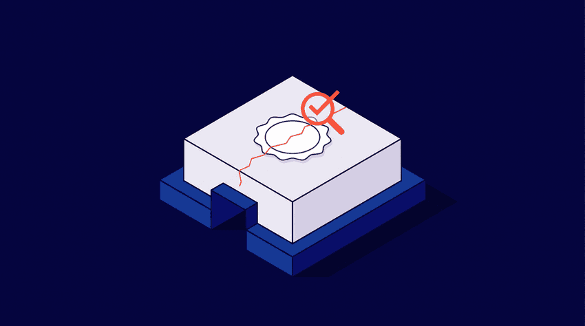 A white verification seal with a hairline crack detected by inspection, representing silent eligibility verification