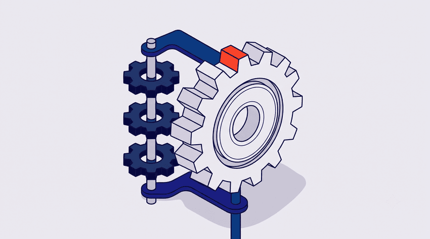 A large navy gear with a red-orange tooth replaces three smaller navy gears, illustrating AI receptionist cost savings over.