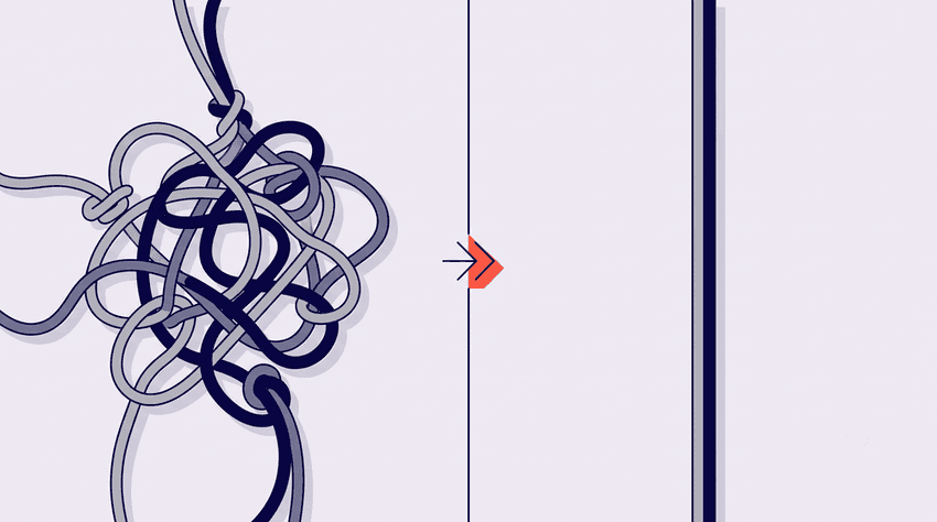 Tangled cords on the left transform into a single straight line on the right, representing healthcare back office automation
