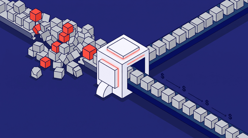 An isometric grid showing a messy "BACKLOG" of grey blocks with red accents on the left, connecting to a streamlined "FLOW" of grey blocks on the right.