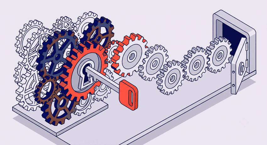 A clean, isometric flat vector illustration on a dark navy background showing a fortress-like structural barrier made of interlocking blocks being collapsed. A portion of the barrier is highlighted in red, with solid pieces falling away to reveal a direct, structured flow of geometric value packets. This clean flow leads directly to a large stack of money in the distance, representing the removal of deep structural complexity and the realization of clean revenue.