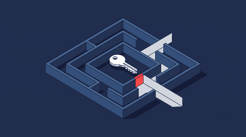 a brass key at the centre of a minimalist maze on a dark background, with an open pathway showing the maze being unlocked